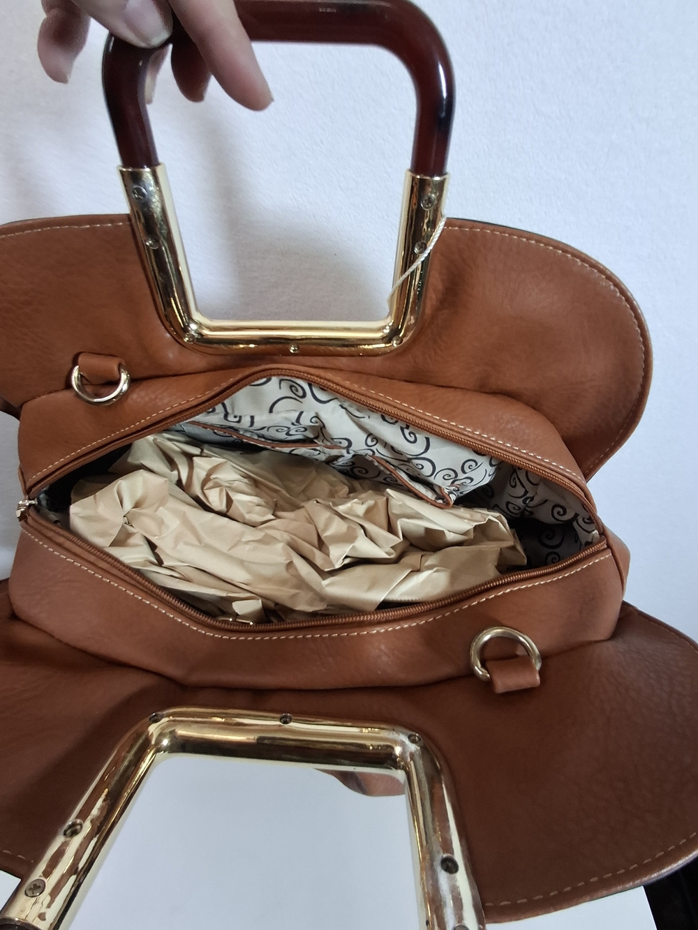 Brown Structured Top-Handle Tote with Gold Accent - Picture 6 of 11